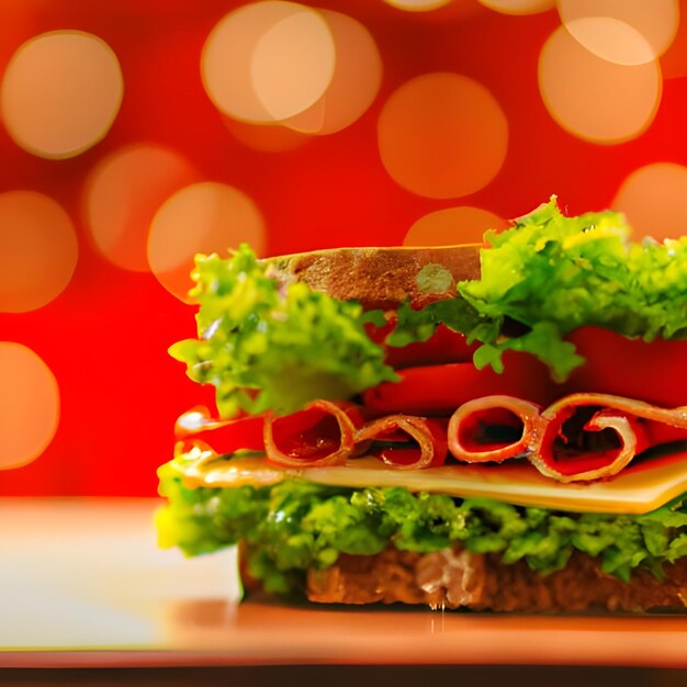 Photo sandwich with lettuce slices of fresh tomatoes salami hum and cheese