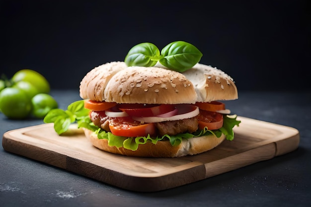 A sandwich with lettuce, tomato, and basil on a wooden cutting board.