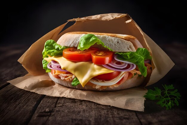 A sandwich with lettuce, tomato, and cheese on a brown paper bag.