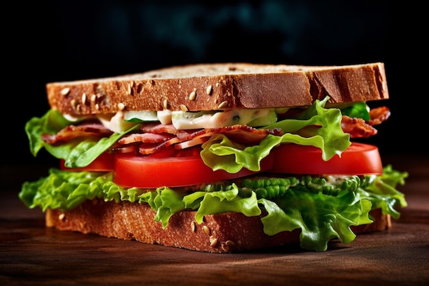 A sandwich with lettuce, tomato, and mayonnaise on it