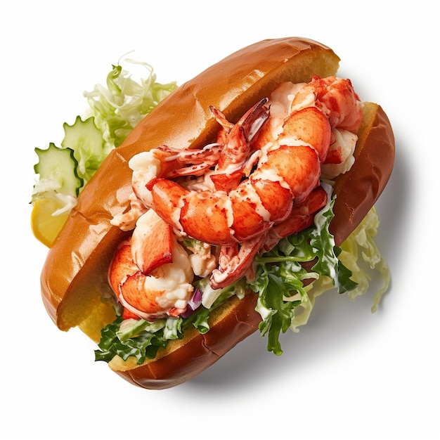 A sandwich with a lobster on it and a bun with lettuce on it.