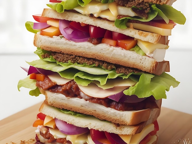 A sandwich with a lot of toppings on it and a pile of chips generated by AI