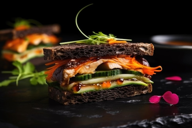 Photo sandwich with marinated eel slices and pickled vegetables on black bread