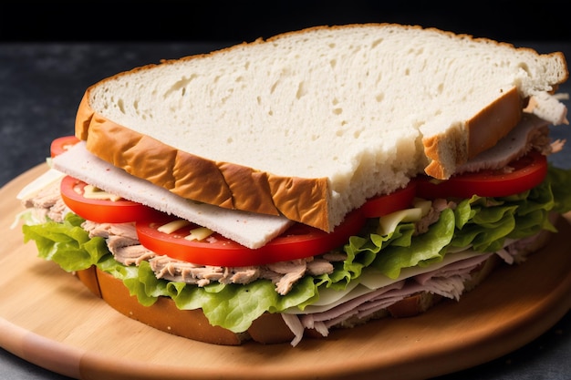 A sandwich with meat, lettuce, tomato, and lettuce on it.
