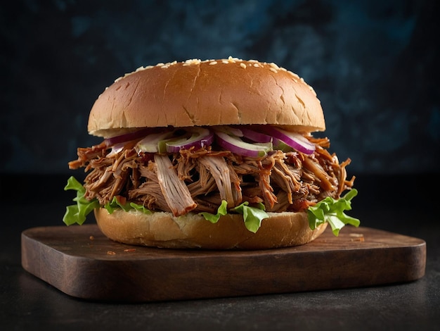 a sandwich with meat and onions on a wooden board