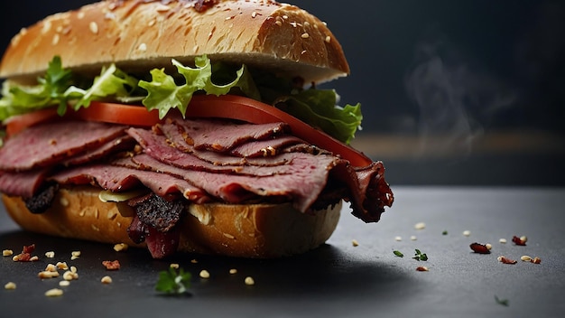 Photo a sandwich with meat and vegetables on a table