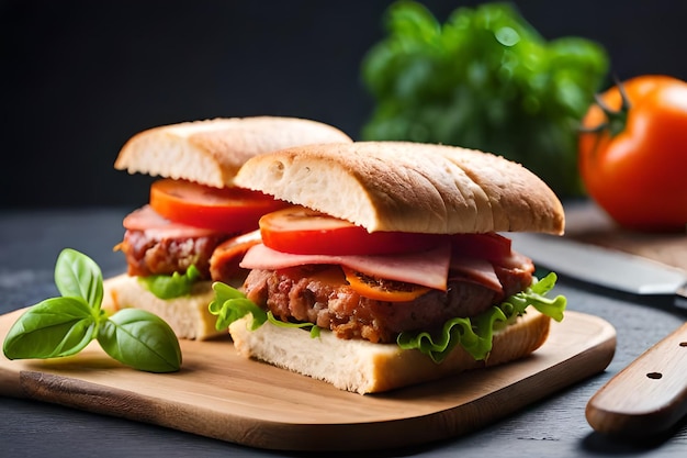 A sandwich with meat and vegetables on a wooden cutting board.