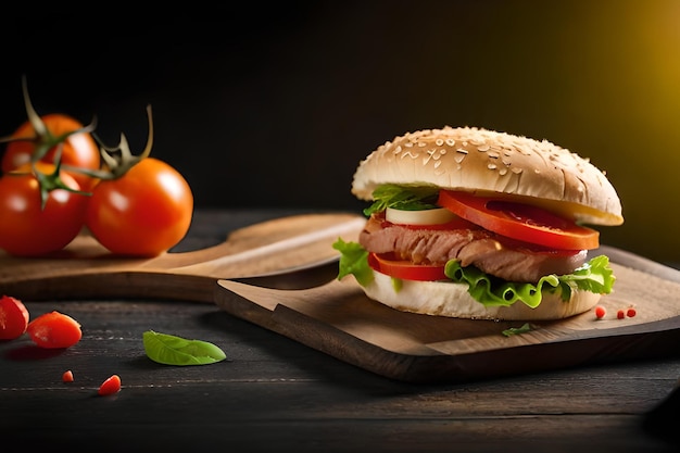 A sandwich with meat and vegetables on a wooden cutting board.