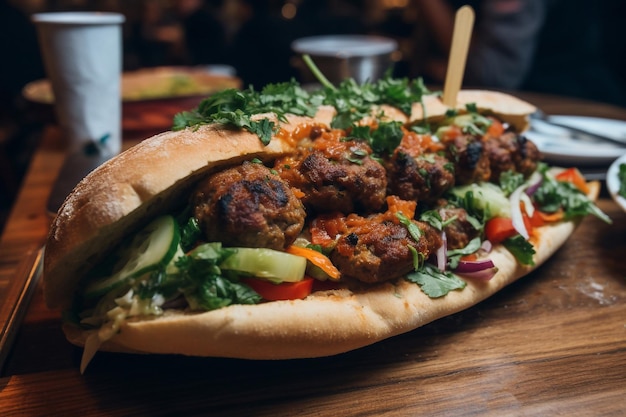 A sandwich with meatballs on it on a wooden table