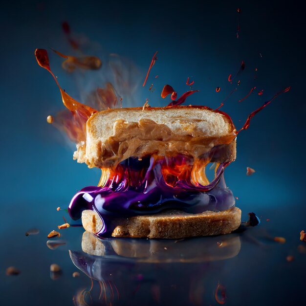 A sandwich with peanut butter on it and a purple liquid on the side.