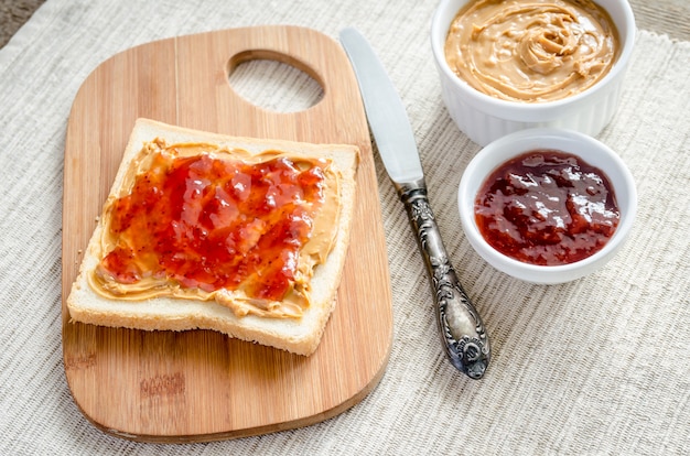 Sandwich with peanut butter and strawberry jelly