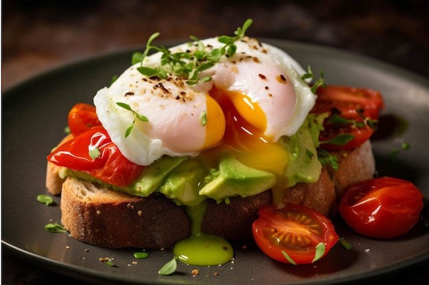 Sandwich with poached egg avocado and tomatoes on a plate