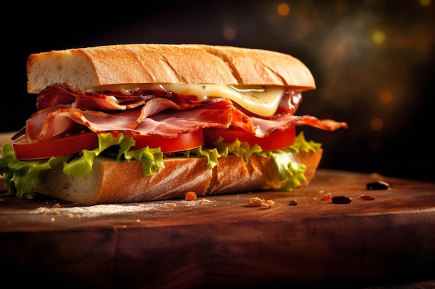 Sandwich with prosciutto and arugula on black background