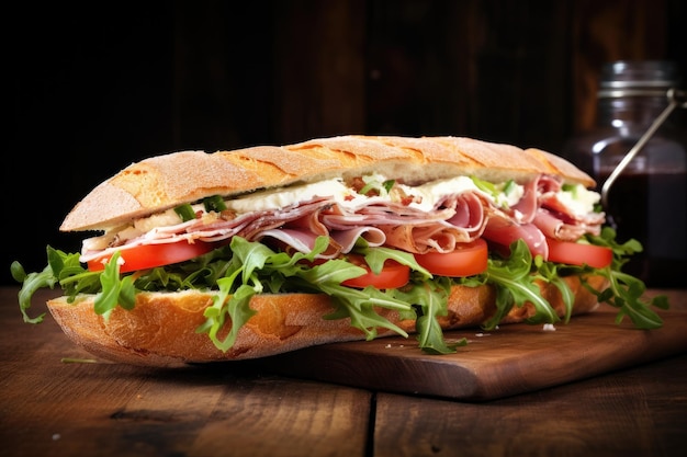 Sandwich with prosciutto tomato and cheese on a wooden rustic background