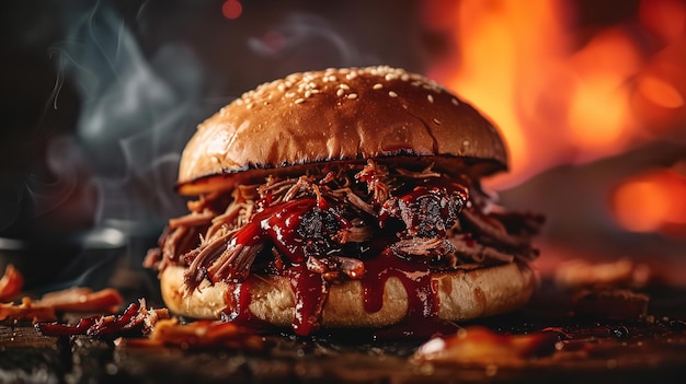 Foto un panino con carne tirata da un barbecue in fossa è disponibile su un vassoio di legno sullo sfondo di un tavolo di cucina in legno e spazio ai generativa