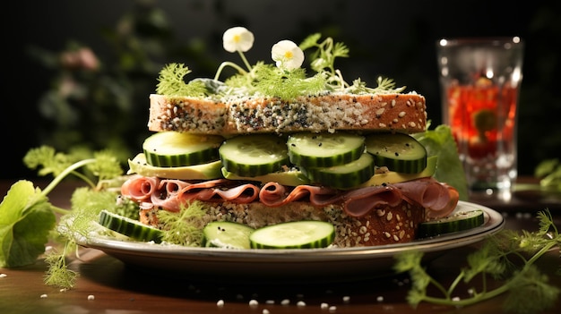 Sandwich with salami and cucumber in plate on light red