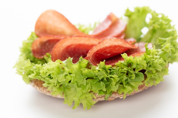 Sandwich with salami sausage on white background.