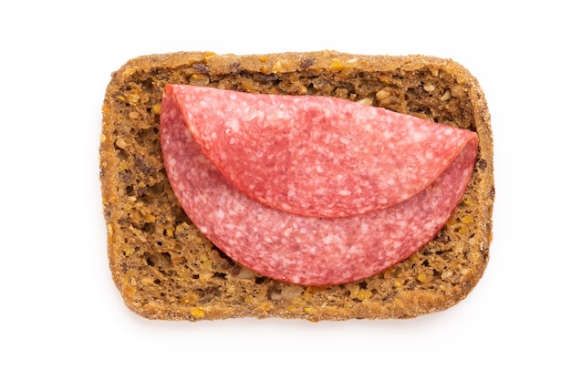 Sandwich with salami sausage on white background.