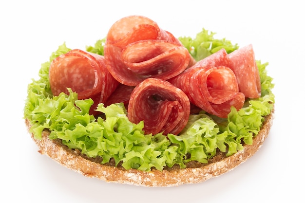 Sandwich with salami sausage on white background.