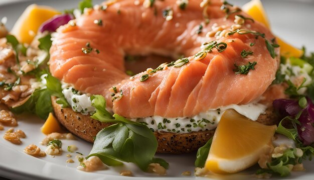 Photo a sandwich with salmon and egg on it is on a plate