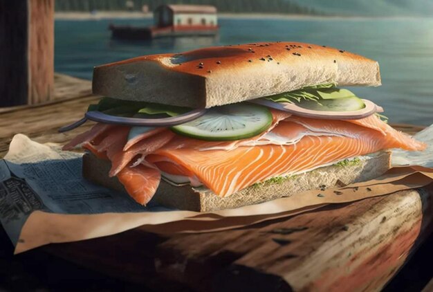 A sandwich with salmon on it with a boat in the background