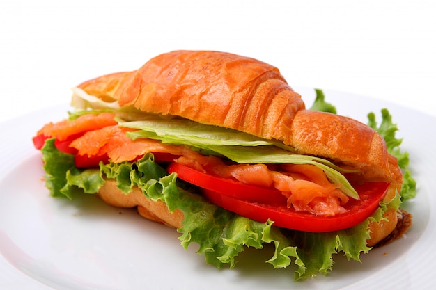 Foto panino con salmone, lattuga e pomodori