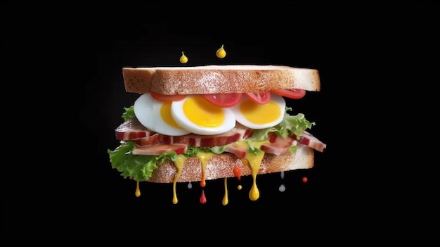 A sandwich with a sandwich with eggs and tomato on it