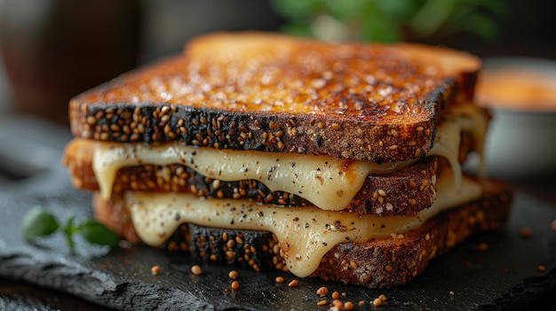 Photo a sandwich with sesame seeds and cheese on it