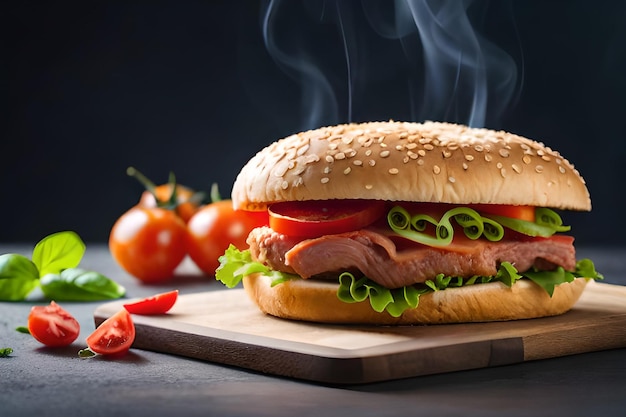 A sandwich with a smokey background and tomatoes on it