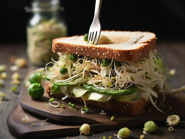 Sandwich with sprouts and fork ar c