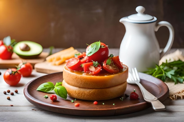 a sandwich with strawberries and a jar of water.