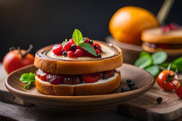 a sandwich with strawberries and oranges on a plate