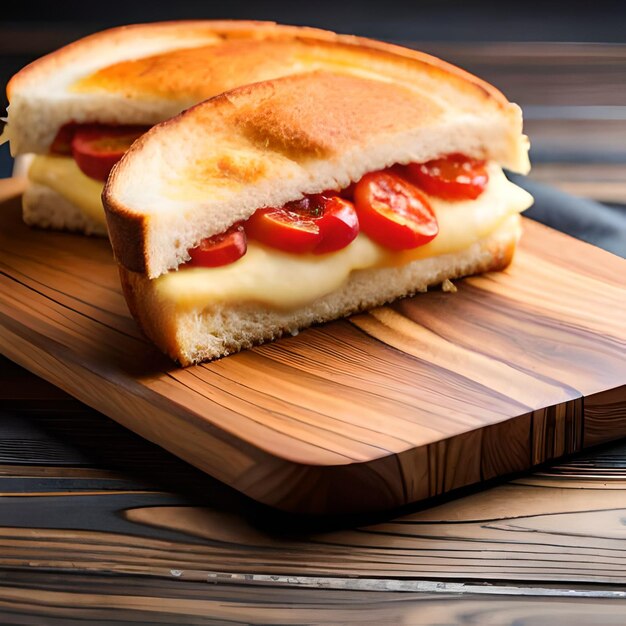 A sandwich with tomatoes and cheese on it on a wooden board.