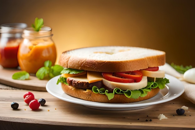 A sandwich with tomatoes, cheese, and tomato on a plate with a jar of jam.