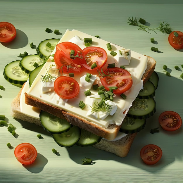 sandwich with tomatoes cucumber and cream cheese