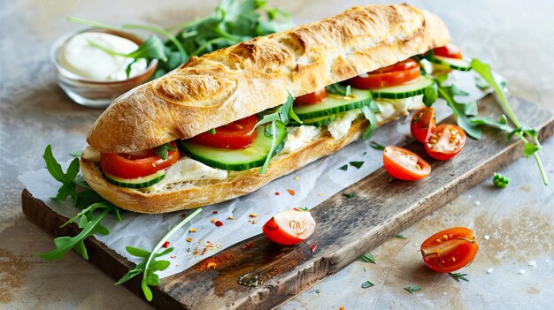 Photo a sandwich with tomatoes cucumbers and cheese