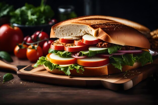 A sandwich with tomatoes and lettuce on a cutting board