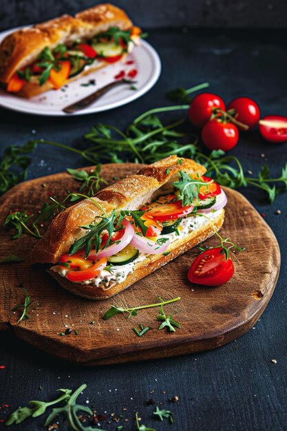 a sandwich with tomatoes and onions on a cutting board