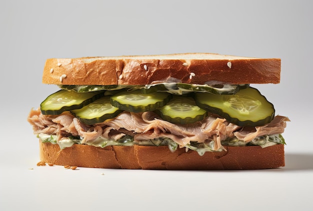 a sandwich with tuna cucumber and pickles wrapped in bread