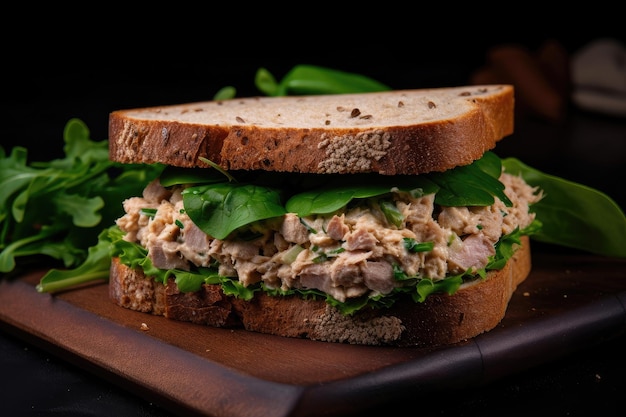 A sandwich with tuna salad and fresh greens on whole wheat bread created with generative ai