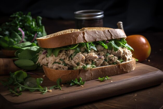 A sandwich with tuna salad and fresh greens on whole wheat bread created with generative ai