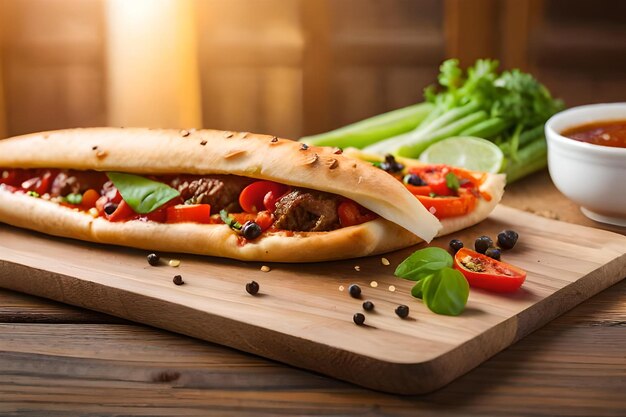 a sandwich with vegetables and tomatoes on a cutting board.