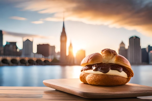 A sandwich with a view of the city skyline in the background