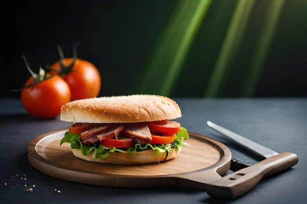 A sandwich on a wooden cutting board with tomatoes on it.