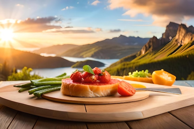 a sandwich on a wooden table with a mountain in the background.