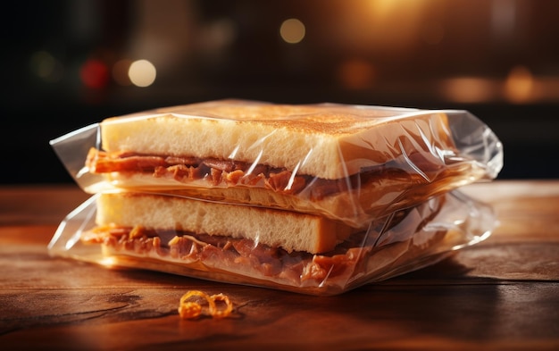 A sandwich wrapped in plastic resting atop a wooden table