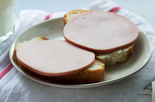 パンと茹でたソーセージのサンドイッチ