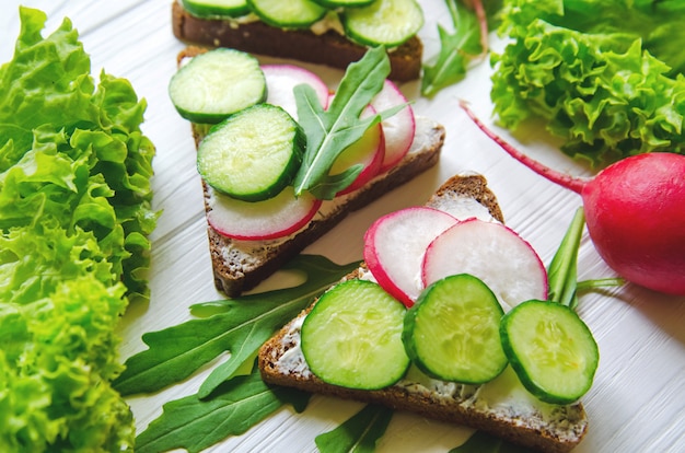 Sandwiches van tarwe bruin brood met komkommers en radijs