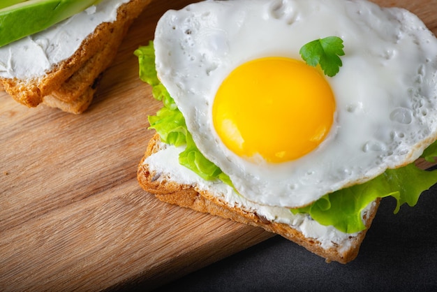 Sandwiches with curd cheese fried egg avocado and herbs