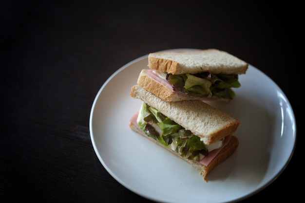 Sandwiches with egg ham and toast cheese fried in white dish